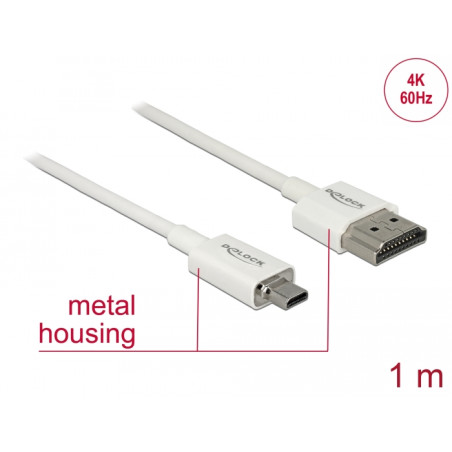 Delock Kabel High Speed HDMI mit Ethernet - HDMI-A Stecker - HDMI Micro-D Stecker 3D 4K 1 m Slim High Quality