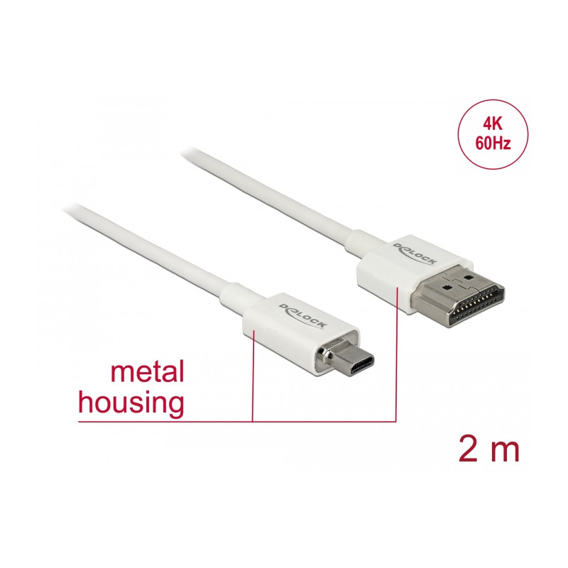 Delock Kabel High Speed HDMI mit Ethernet - HDMI-A Stecker - HDMI Micro-D Stecker 3D 4K 2 m Slim High Quality
