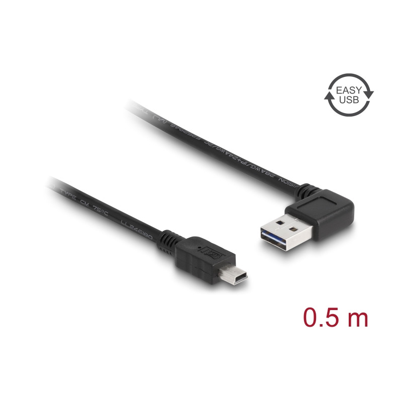Delock Kabel EASY-USB 2.0 Typ-A Stecker gewinkelt links / rechts - USB 2.0 Typ Mini-B Stecker 0,5 m