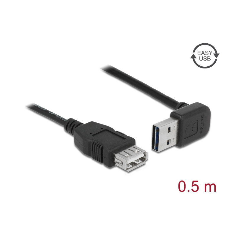 Delock Verlängerungskabel EASY-USB 2.0 Typ-A Stecker gewinkelt oben / unten - USB 2.0 Typ-A Buchse schwarz 0,5 m