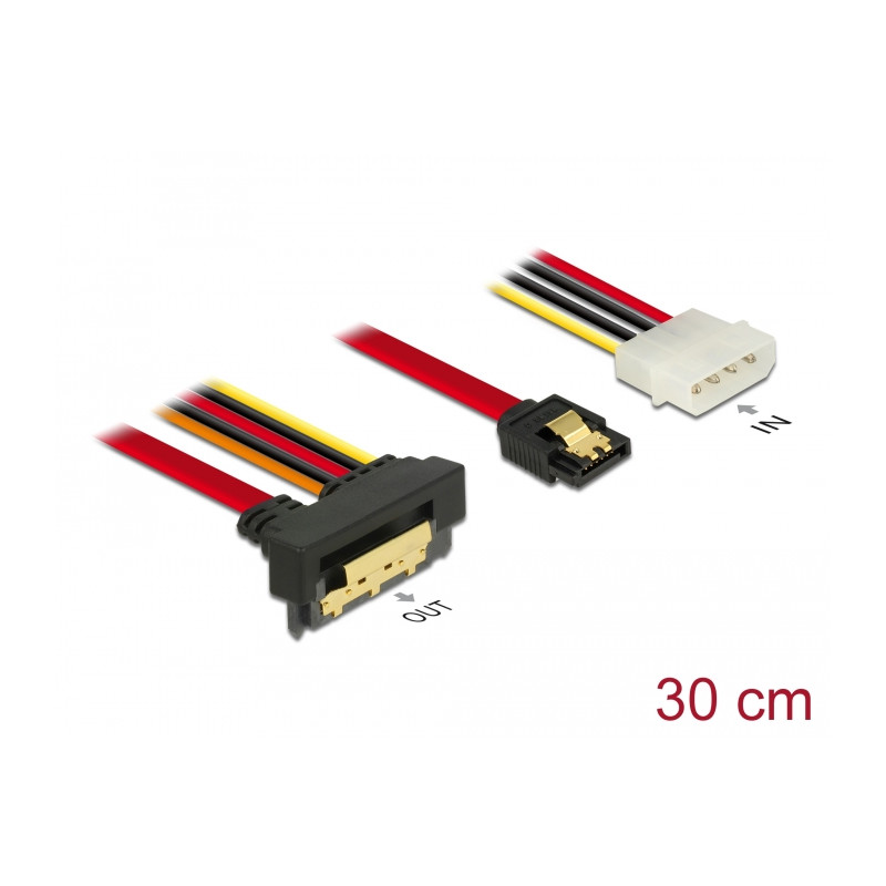 Delock Kabel SATA 6 Gb/s 7 Pin Buchse + Molex 4 Pin Strom Stecker - SATA 22 Pin Buchse unten gewinkelt Metall 30 cm