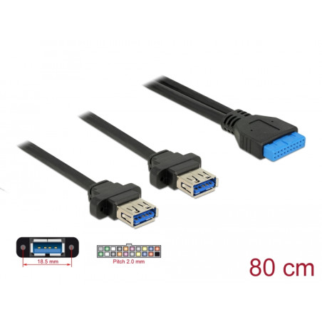 Delock Kabel USB 3.0 Pfostenbuchse 2,00 mm 19 Pin - 2 x USB 3.0 Typ-A Buchse zum Einbau 80 cm