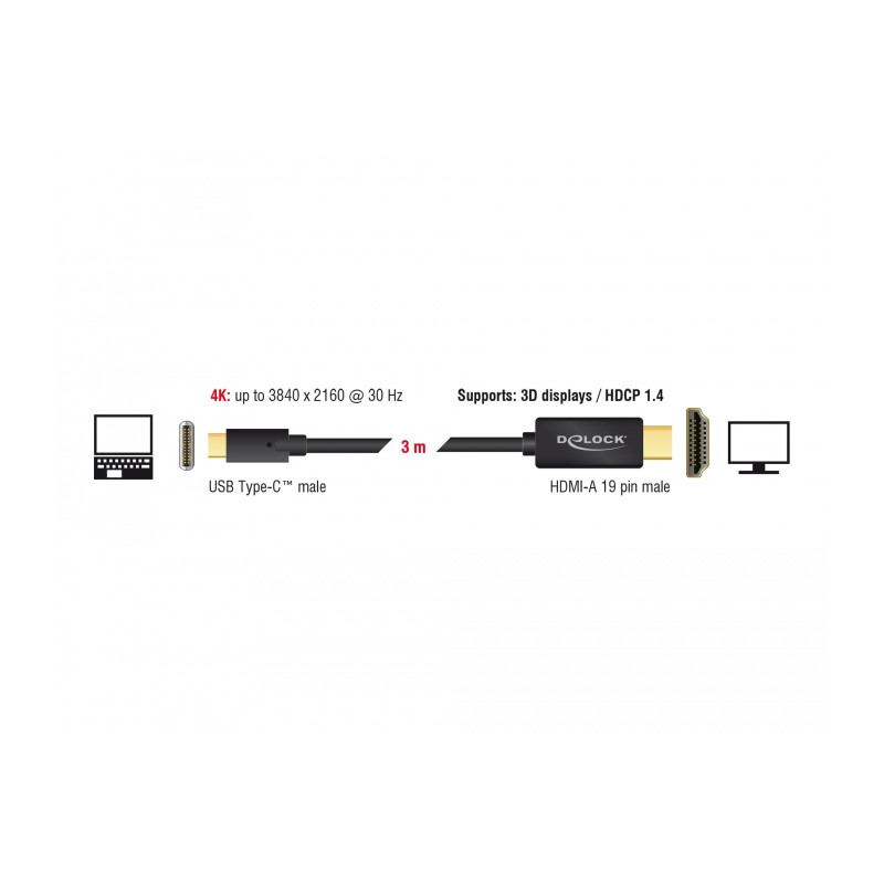 Delock Kabel USB Type-C™ Stecker - HDMI Stecker (DP Alt Mode) 4K 30 Hz 3 m schwarz