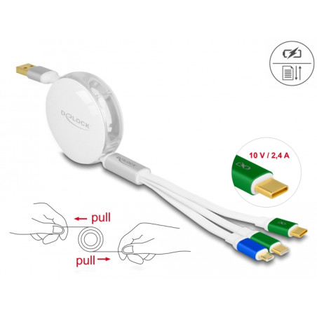 Delock USB 3 in 1 Aufrollladekabel Typ-A zu Micro USB / 2 x USB Type-C™ mit Schnellladefunktion weiß