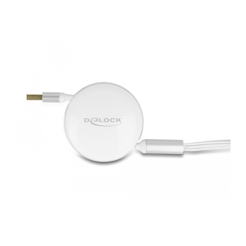Delock USB 3 in 1 Aufrollladekabel Typ-A zu Micro USB / 2 x USB Type-C™ mit Schnellladefunktion weiß