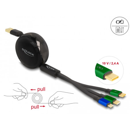 Delock USB Aufrollladekabel 3 in 1 Typ-A zu Micro USB / 2 x USB Type-C™ mit Schnellladefunktion schwarz