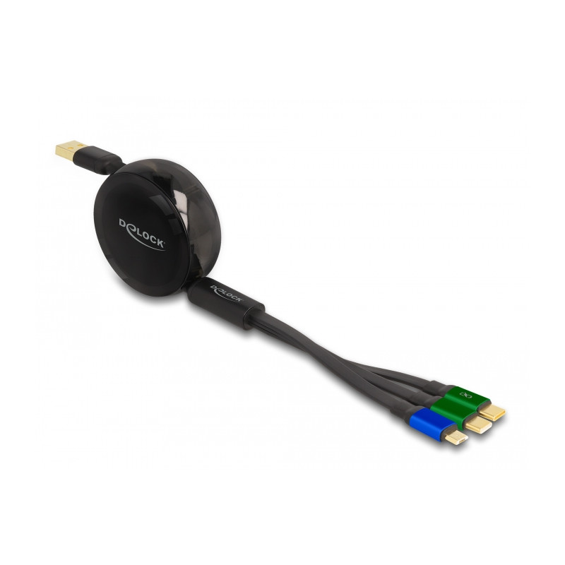 Delock USB Aufrollladekabel 3 in 1 Typ-A zu Micro USB / 2 x USB Type-C™ mit Schnellladefunktion schwarz