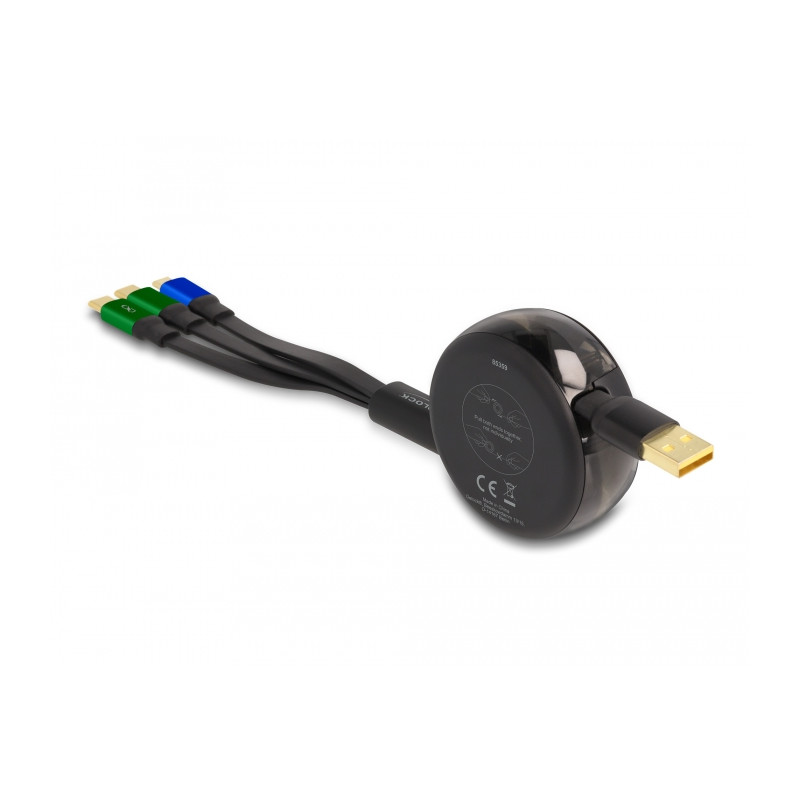 Delock USB Aufrollladekabel 3 in 1 Typ-A zu Micro USB / 2 x USB Type-C™ mit Schnellladefunktion schwarz