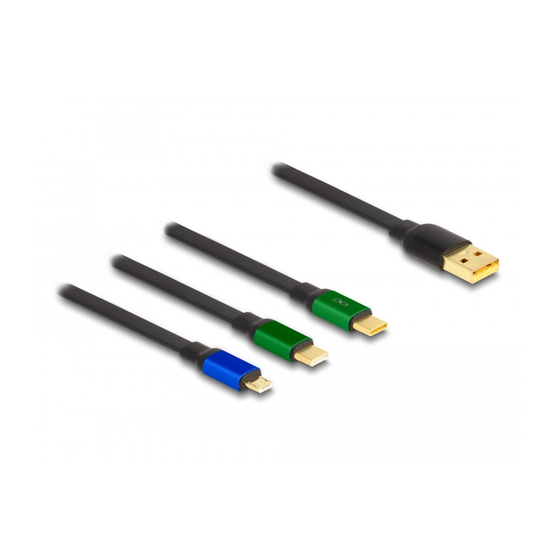 Delock USB Aufrollladekabel 3 in 1 Typ-A zu Micro USB / 2 x USB Type-C™ mit Schnellladefunktion schwarz