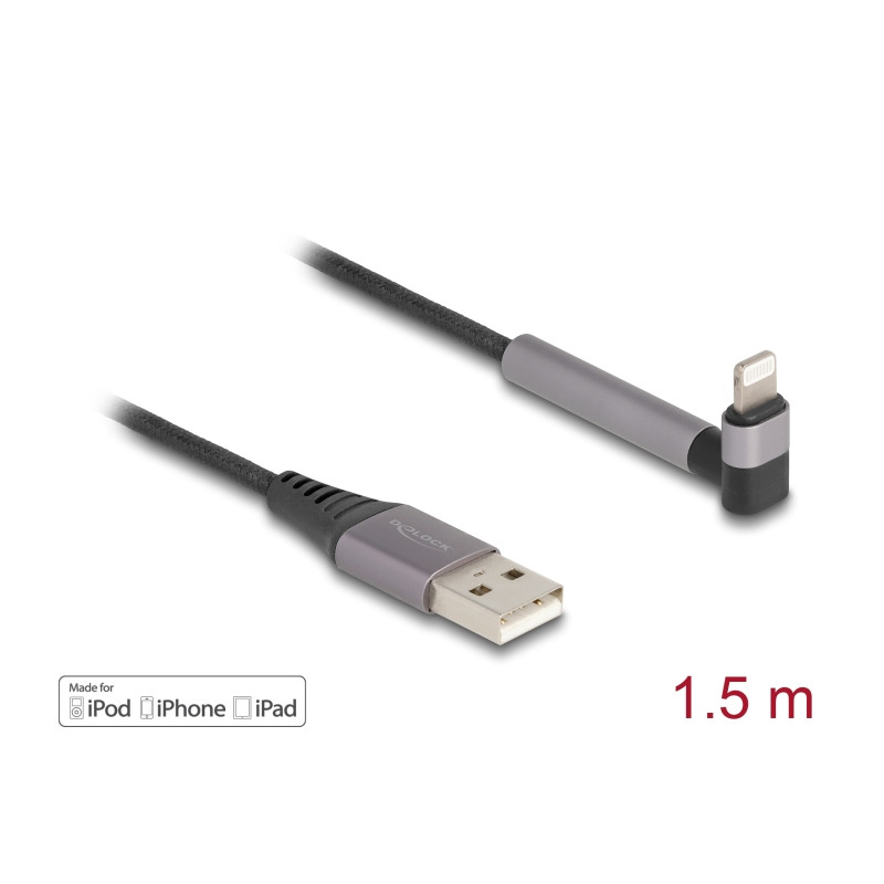 Delock Daten- und Ladekabel USB Typ-A zu Lightning™ für iPhone™, iPad™, iPod™ gewinkelt mit Ständerfunktion schwarz 1,5 m MFi
