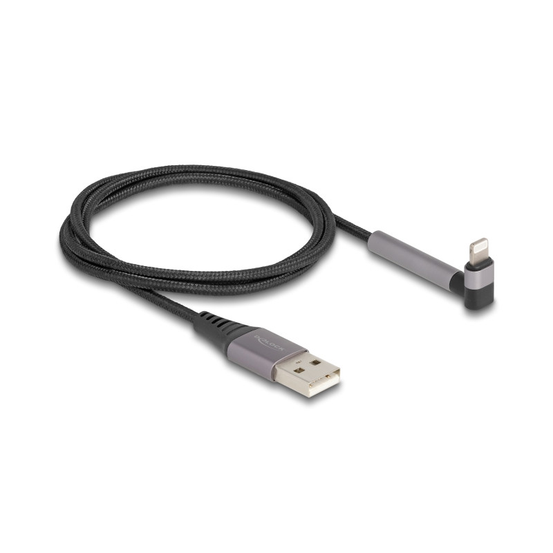 Delock Daten- und Ladekabel USB Typ-A zu Lightning™ für iPhone™, iPad™, iPod™ gewinkelt mit Ständerfunktion schwarz 1,5 m MFi