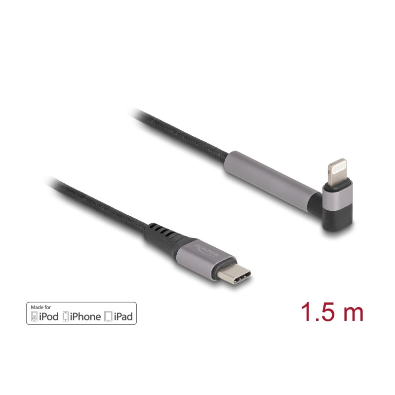 Delock Daten- und Ladekabel USB Type-C™ zu Lightning™ für iPhone™, iPad™, iPod™ gewinkelt mit Ständerfunktion schwarz 1,5 m MFi