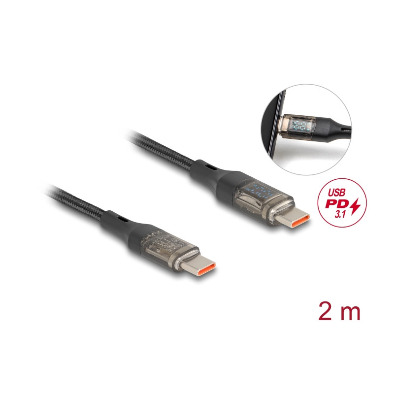 Delock USB 2.0 Daten- und Schnellladekabel USB Type-C™ Stecker zu Stecker PD 3.0 100 W mit Leistungsanzeige transparent 2 m
