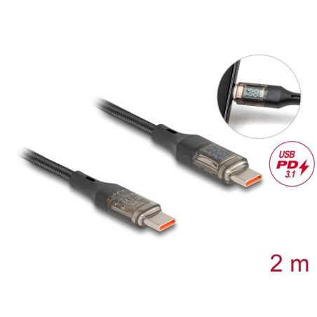 Delock USB 2.0 Daten- und Schnellladekabel USB Type-C™ Stecker zu Stecker PD 3.0 100 W mit Leistungsanzeige transparent 2 m
