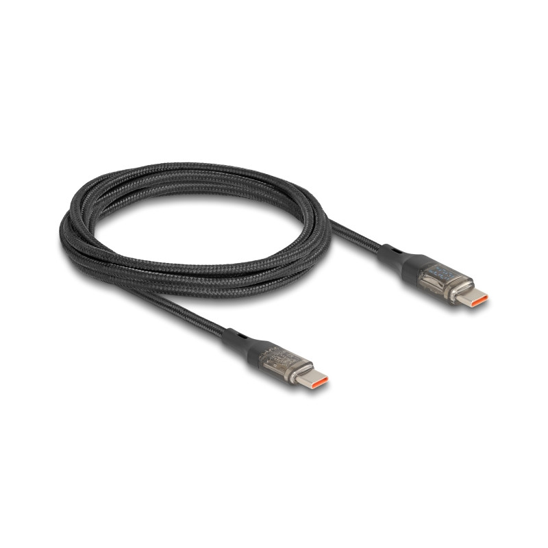 Delock USB 2.0 Daten- und Schnellladekabel USB Type-C™ Stecker zu Stecker PD 3.0 100 W mit Leistungsanzeige transparent 2 m