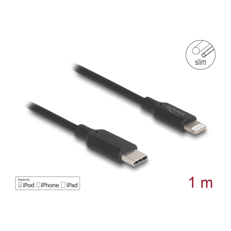 Delock Slim Daten- und Ladekabel USB Type-C™ zu Lightning™ für iPhone™, iPad™, iPod™ schwarz 1 m MFi