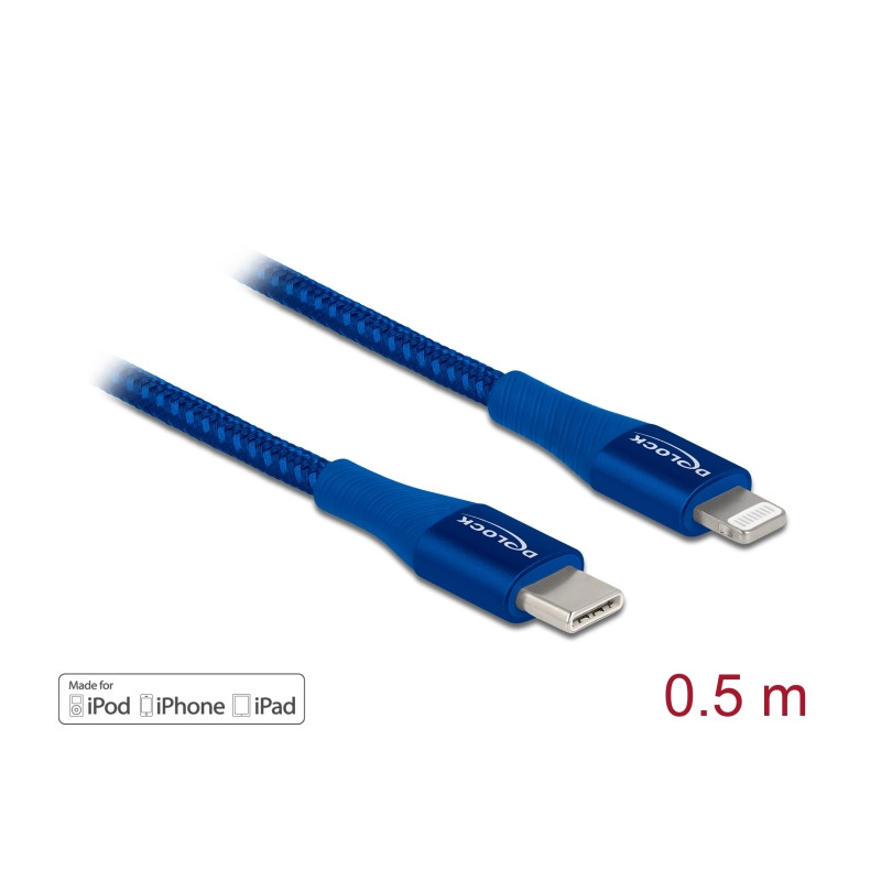 Delock Daten- und Ladekabel USB Type-C™ zu Lightning™ für iPhone™, iPad™ und iPod™ blau 0,5 m MFi