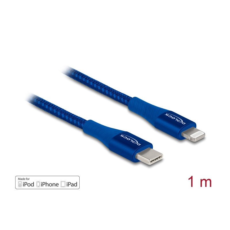Delock Daten- und Ladekabel USB Type-C™ zu Lightning™ für iPhone™, iPad™ und iPod™ blau 1 m MFi