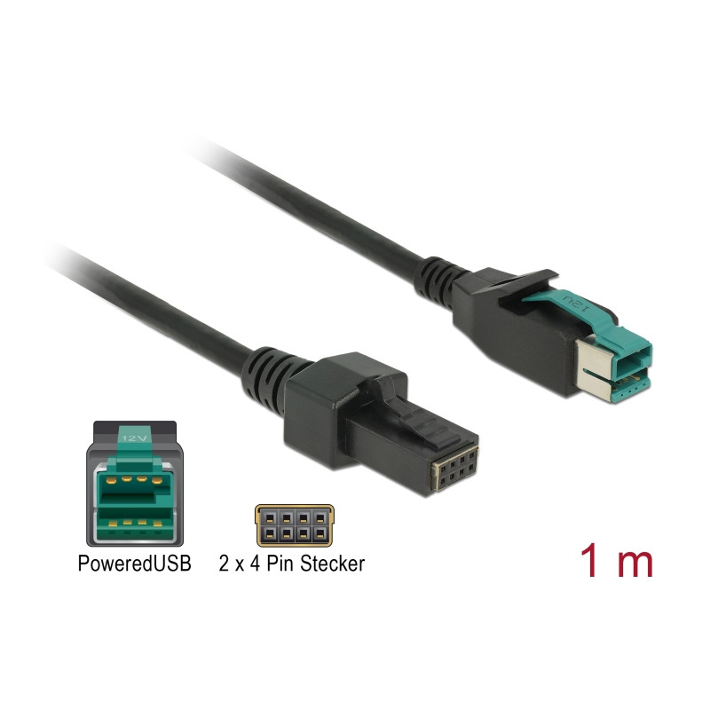 Delock PoweredUSB Kabel Stecker 12 V - 2 x 4 Pin Stecker 1 m für POS Drucker und Terminals