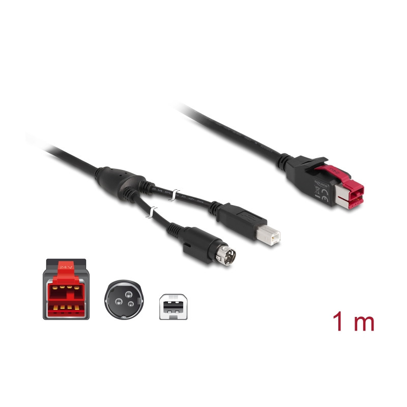 Delock PoweredUSB Kabel Stecker 24 V - USB Typ-B Stecker + Hosiden Mini-DIN 3 Pin Stecker 1 m für POS Drucker und Terminals