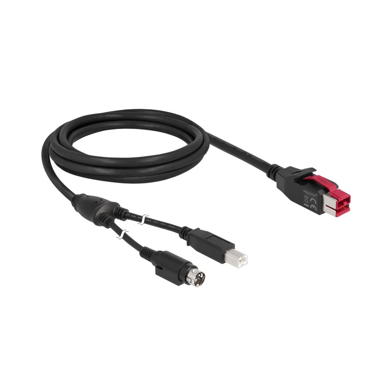 Delock PoweredUSB Kabel Stecker 24 V - USB Typ-B Stecker + Hosiden Mini-DIN 3 Pin Stecker 2 m für POS Drucker und Terminals