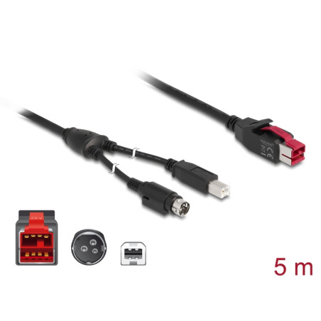 Delock PoweredUSB Kabel Stecker 24 V - USB Typ-B Stecker + Hosiden Mini-DIN 3 Pin Stecker 5 m für POS Drucker und Terminals