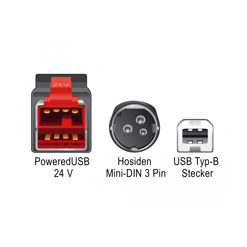 Delock PoweredUSB Kabel Stecker 24 V - USB Typ-B Stecker + Hosiden Mini-DIN 3 Pin Stecker 5 m für POS Drucker und Terminals