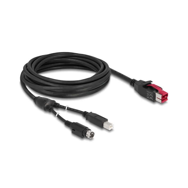 Delock PoweredUSB Kabel Stecker 24 V - USB Typ-B Stecker + Hosiden Mini-DIN 3 Pin Stecker 5 m für POS Drucker und Terminals