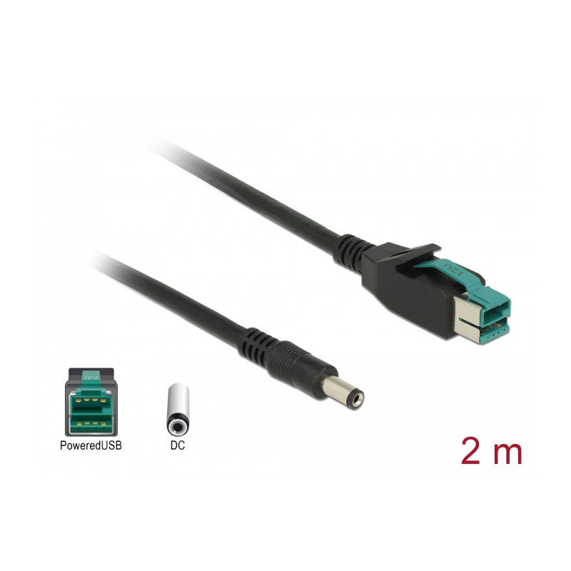 Delock PoweredUSB Kabel Stecker 12 V - DC 5,5 x 2,1 mm Stecker 2 m für POS Drucker und Terminals