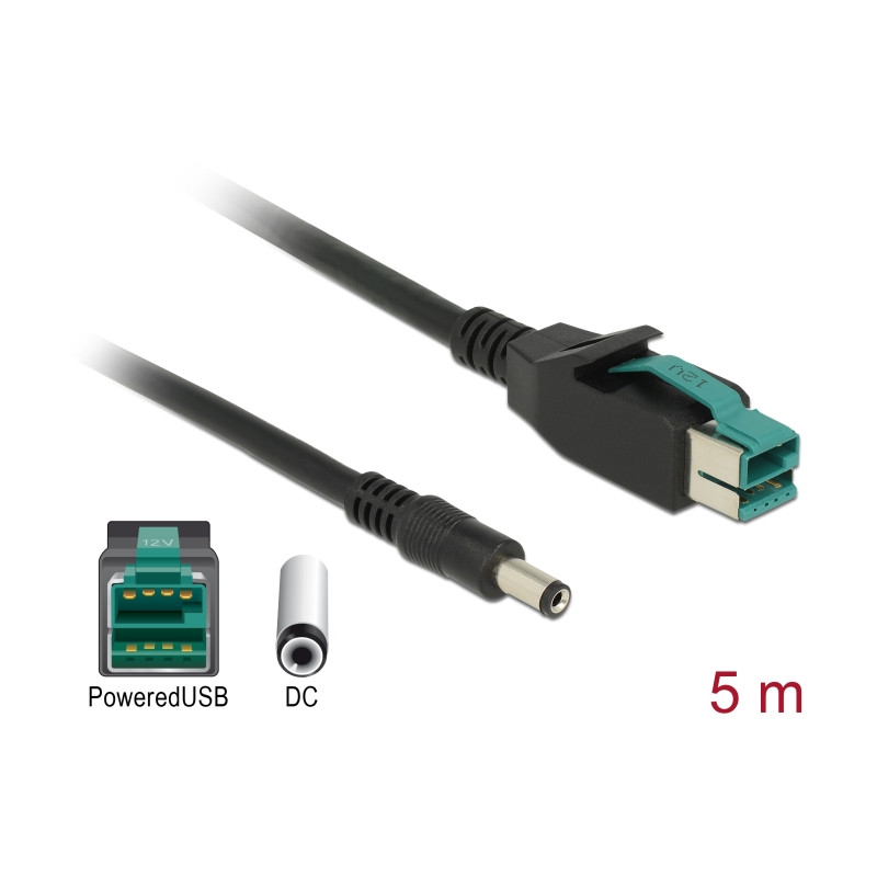 Delock PoweredUSB Kabel Stecker 12 V - DC 5,5 x 2,1 mm Stecker 5 m für POS Drucker und Terminals
