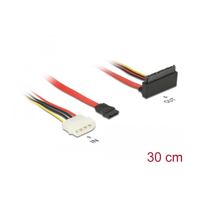 Delock Kabel SATA 6 Gb/s 7 Pin Buchse + Molex 4 Pin Strom Stecker - SATA 22 Pin Buchse oben gewinkelt Metall 30 cm