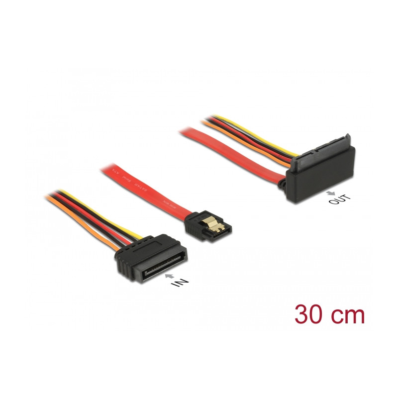 Delock Kabel SATA 6 Gb/s 7 Pin Buchse + SATA 15 Pin Strom Stecker - SATA 22 Pin Buchse oben gewinkelt Metall 30 cm