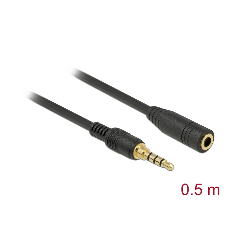Delock Klinkenverlängerungskabel 3,5 mm 4 Pin Stecker zu Buchse 0,5 m schwarz