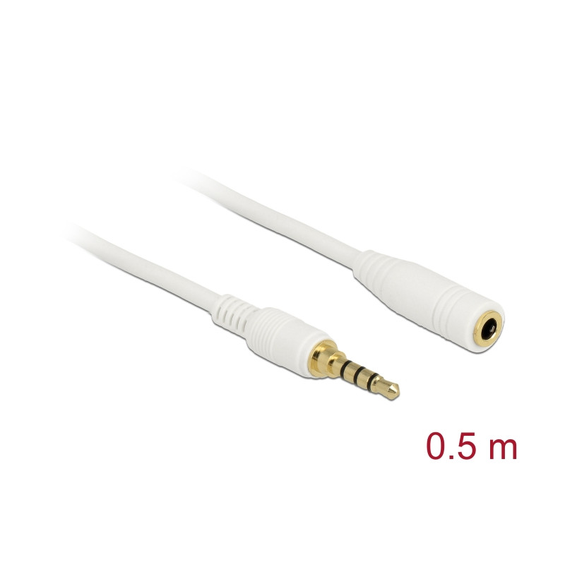 Delock Klinkenverlängerungskabel 3,5 mm 4 Pin Stecker zu Buchse 0,5 m weiß