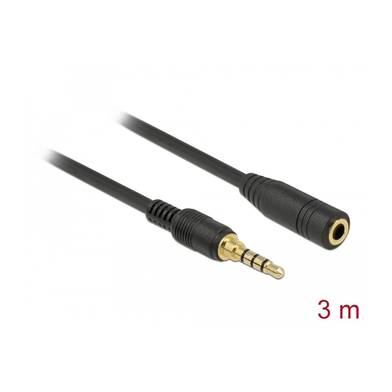 Delock Klinkenverlängerungskabel 3,5 mm 4 Pin Stecker zu Buchse 3 m schwarz