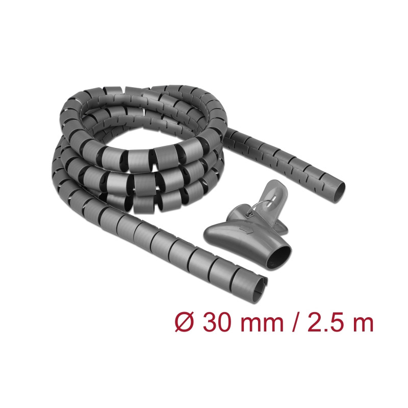 Delock Spiralschlauch mit Einziehwerkzeug 2,5 m x 30 mm grau