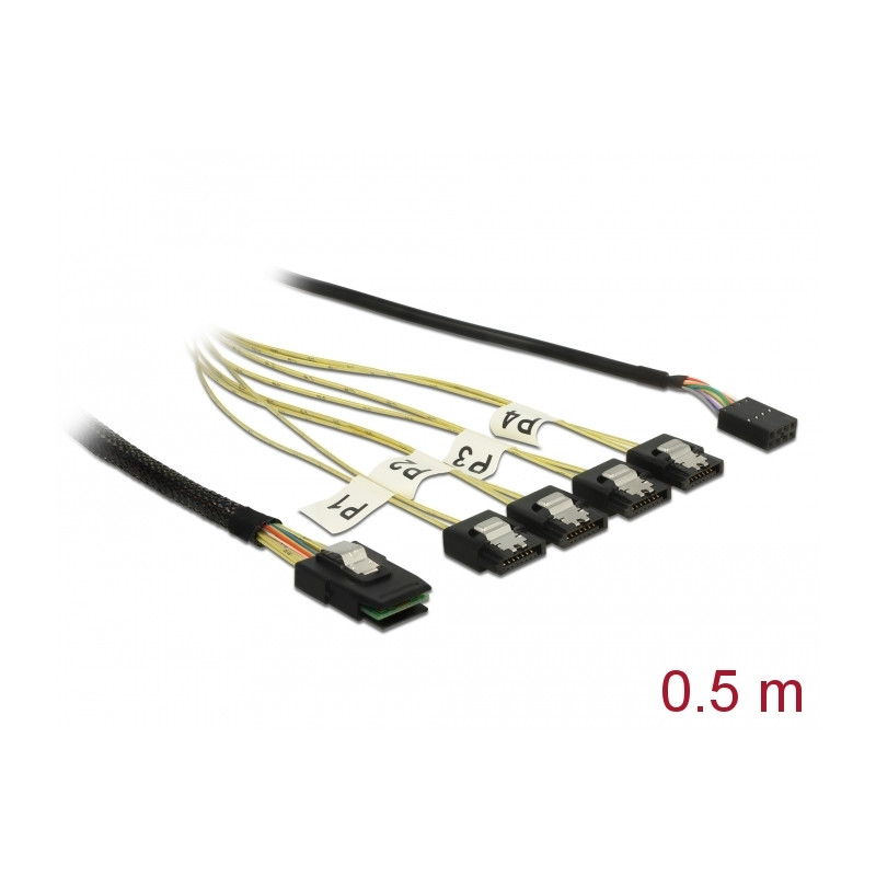 Delock Kabel Mini SAS SFF-8087 - 4 x SATA 7 Pin + Sideband 0,5 m Metall
