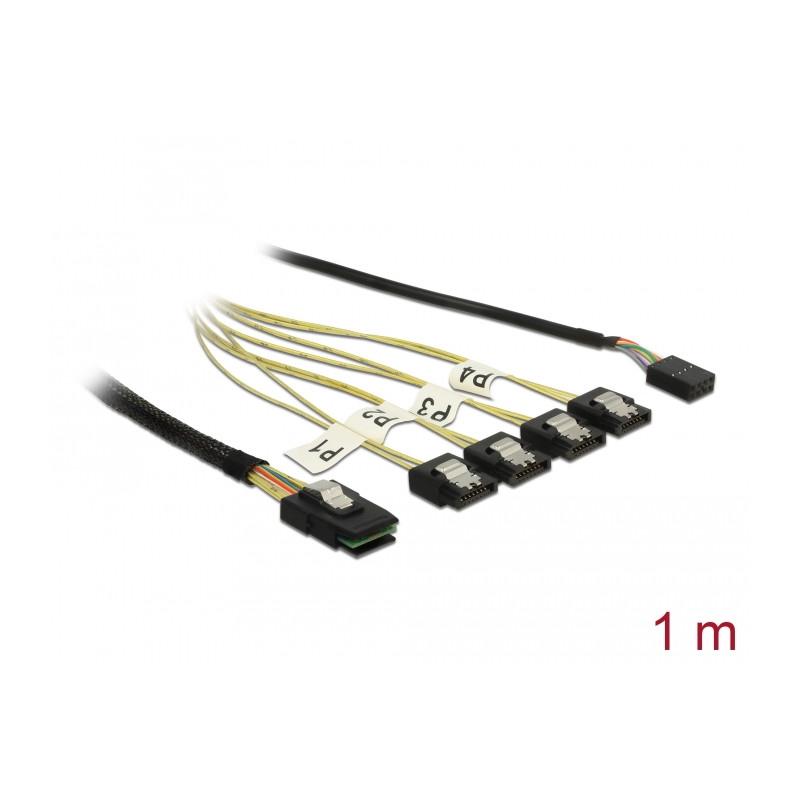 Delock Kabel Mini SAS SFF-8087 - 4 x SATA 7 Pin + Sideband 1 m Metall