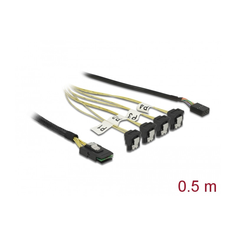 Delock Kabel Mini SAS SFF-8087 - 4 x SATA 7 Pin gewinkelt + Sideband 0,5 m