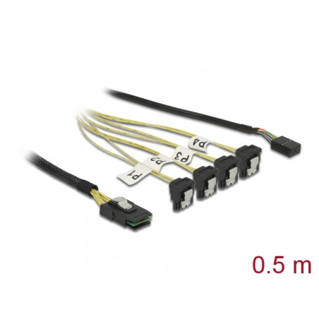 Delock Kabel Mini SAS SFF-8087 - 4 x SATA 7 Pin gewinkelt + Sideband 0,5 m