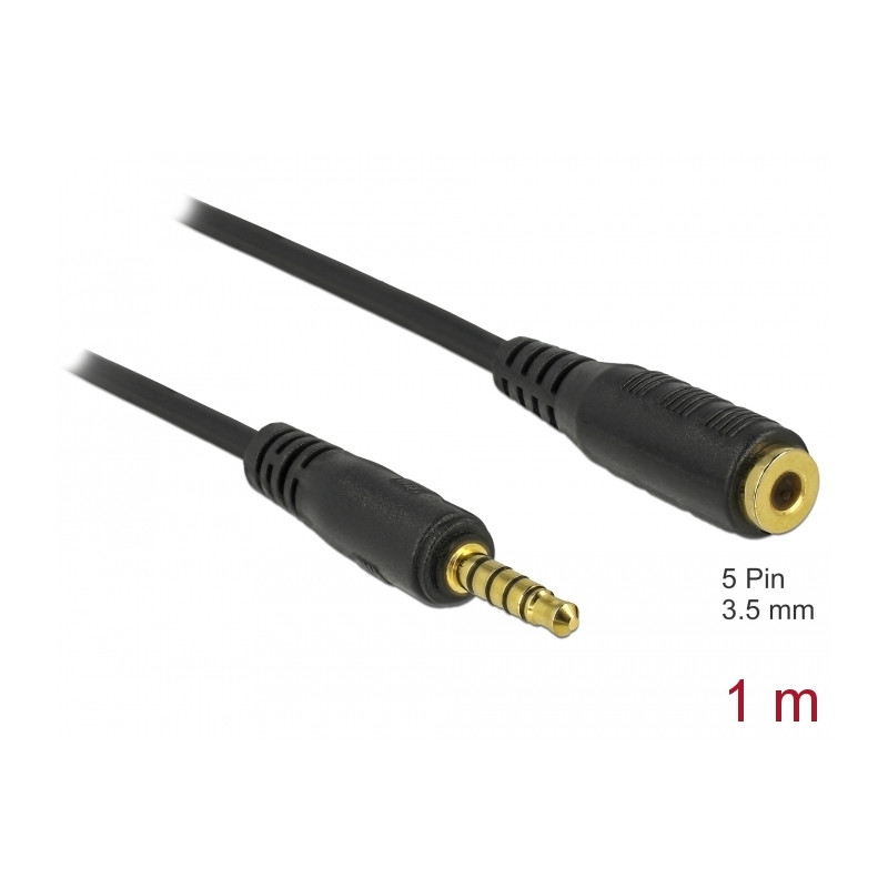 Delock Verlängerungskabel Klinke 3,5 mm 5 Pin Stecker zu Buchse 1 m schwarz