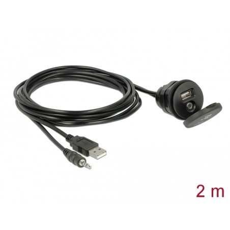 Delock Kabel USB Typ A Stecker + 3,5 mm 4 Pin Klinkenstecker - Einbaubuchse mit Verschlussdeckel USB Typ A Buchse + 3,5 mm 4 Pin