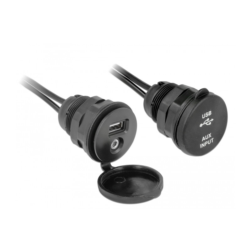 Delock Kabel USB Typ A Stecker + 3,5 mm 4 Pin Klinkenstecker - Einbaubuchse mit Verschlussdeckel USB Typ A Buchse + 3,5 mm 4 Pin