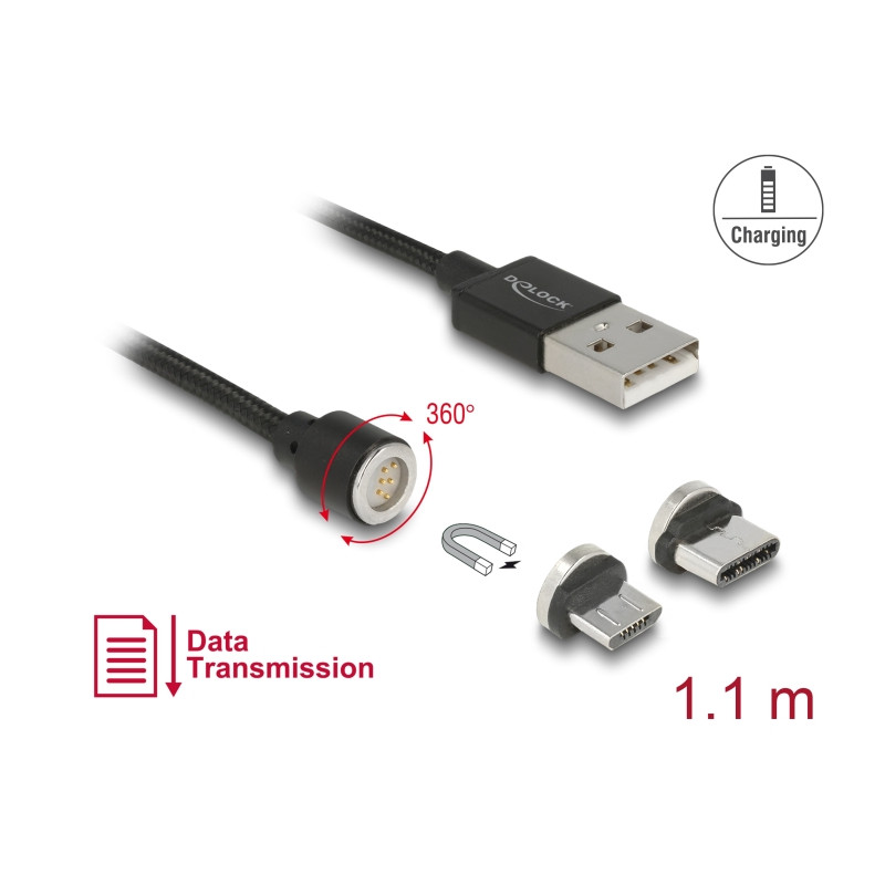 Delock Magnetisches USB Daten- und Ladekabelset für Micro USB / USB Type-C™ schwarz 1,1 m