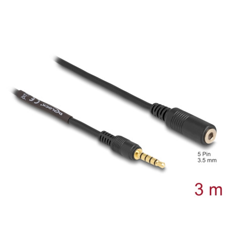 Delock Verlängerungskabel Klinke 3,5 mm 5 Pin Stecker zu Buchse 3 m schwarz