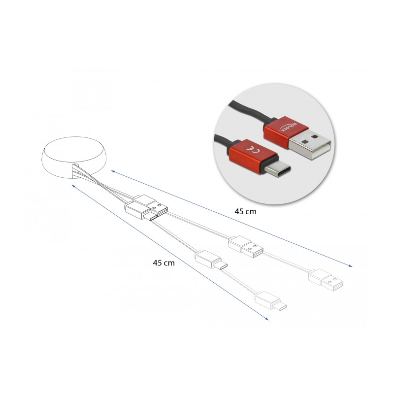 Delock USB Aufrollkabel Typ-A zu USB-C™ schwarz / rot