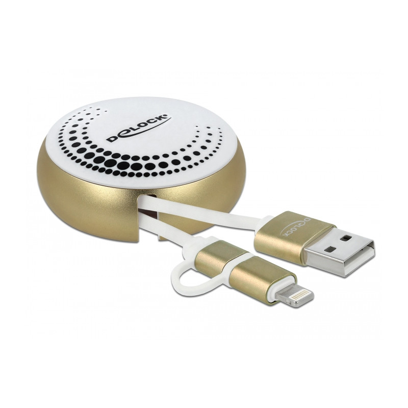 Delock USB 2 in 1 Aufrollkabel Typ-A zu Micro-B und Lightning™ weiß / gold