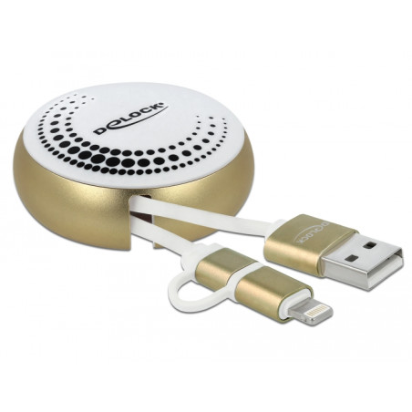 Delock USB 2 in 1 Aufrollkabel Typ-A zu Micro-B und Lightning™ weiß / gold