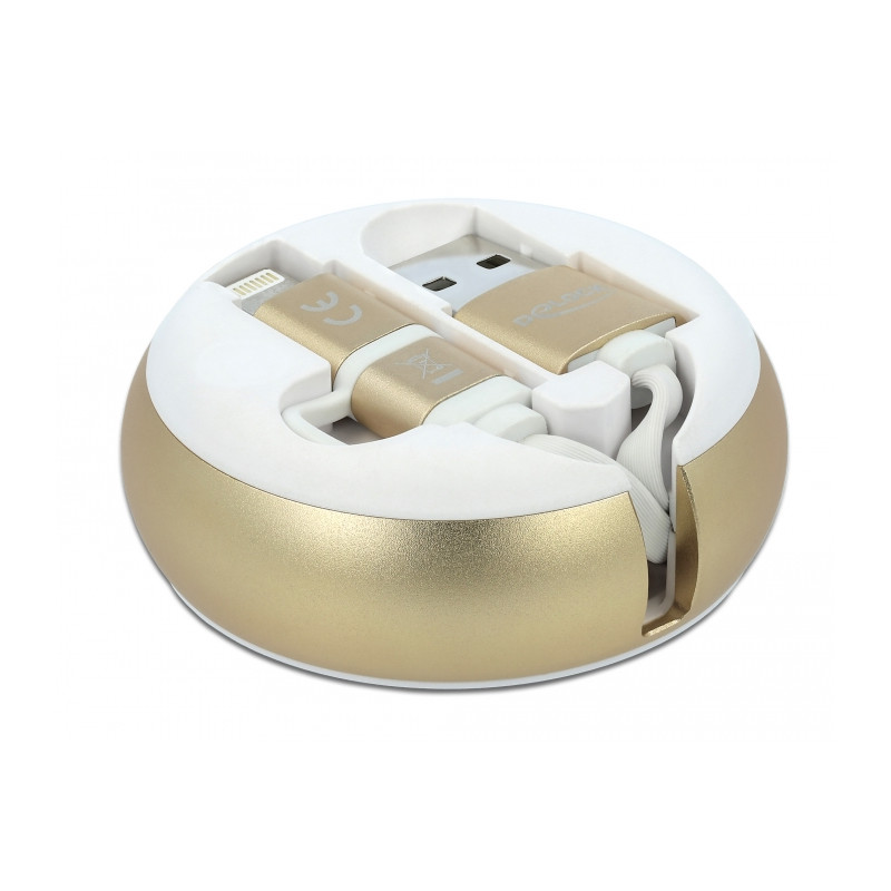 Delock USB 2 in 1 Aufrollkabel Typ-A zu Micro-B und Lightning™ weiß / gold