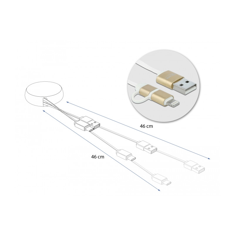 Delock USB 2 in 1 Aufrollkabel Typ-A zu Micro-B und Lightning™ weiß / gold